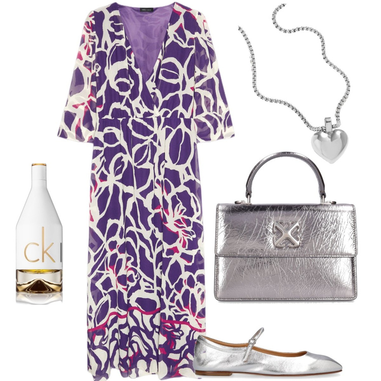 Outfit donna - Il vestito a fantasia. Stile Bon Ton per Serata fuori. Abbinamento con collane, profumi, borse a mano, ballerine, vestiti lunghi.