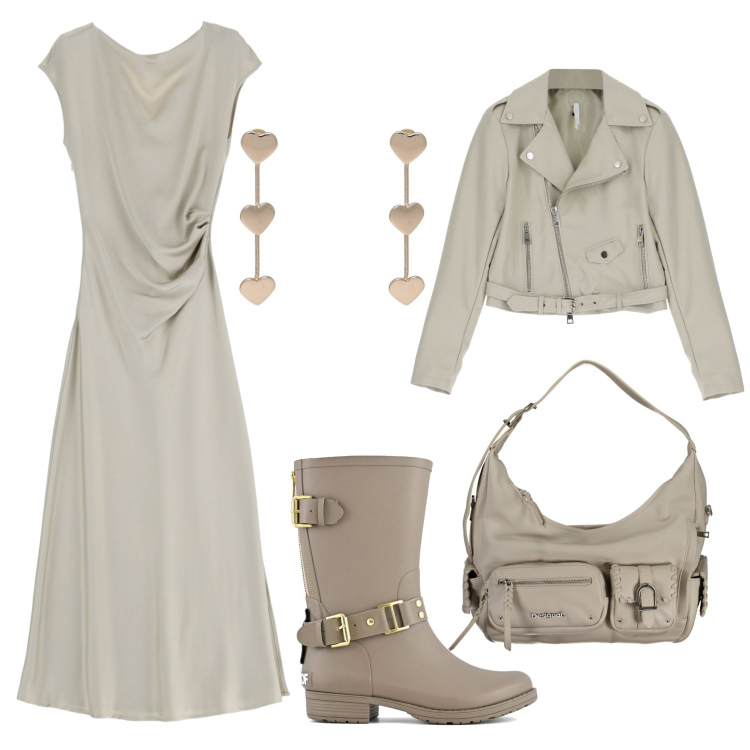 Outfit donna - In beige. Stile Casual chic per Tutti i giorni. Abbinamento con orecchini, vestiti midi/longuette, giacche, stivali, borse a spalla.