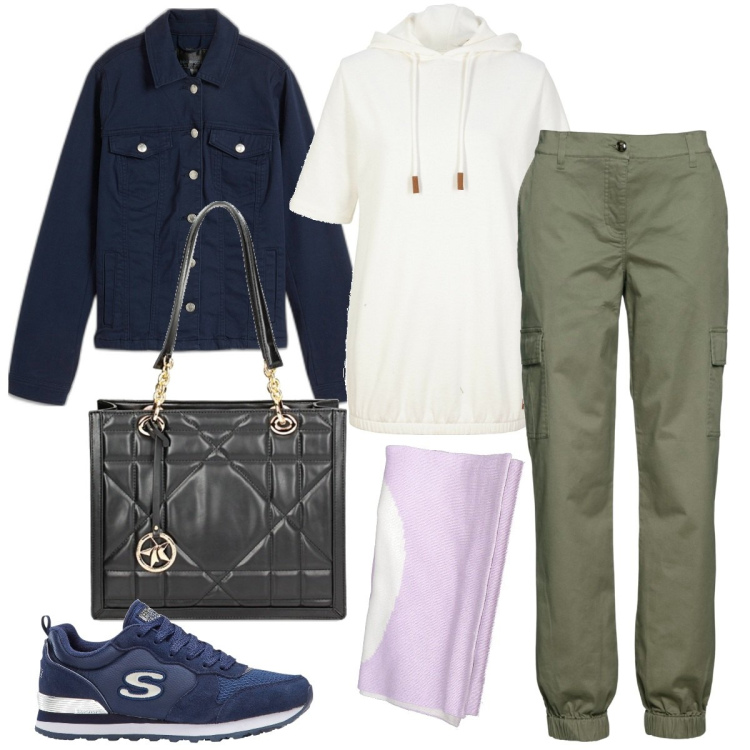 Outfit donna - Curvy edition sporty-chic. Stile Sporty chic per Tutti i giorni. Abbinamento con pantaloni cargo, sneakers, blazer, felpe con cappuccio, borse a spalla, sciarpe.