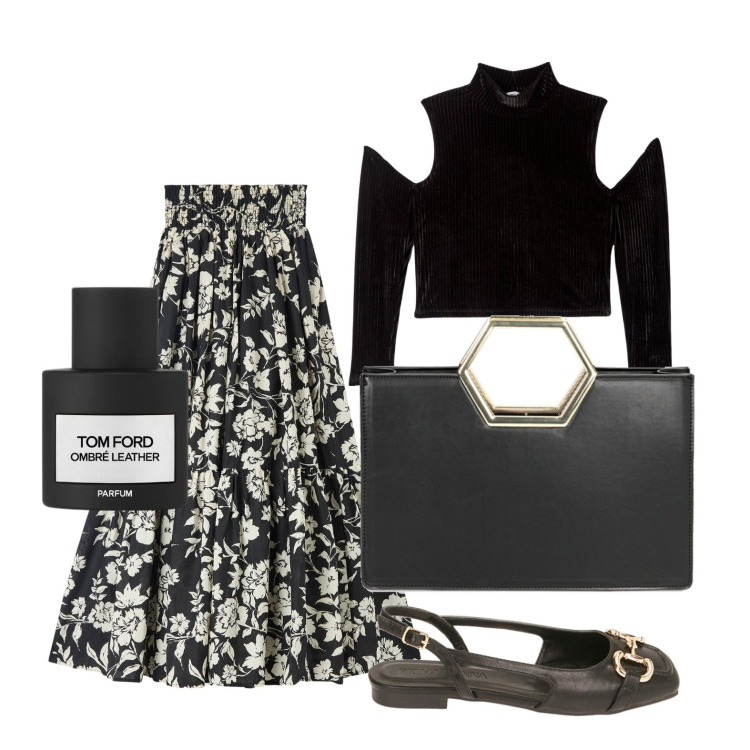 Outfit donna - Gonna lunga per il giorno. Stile Glamour per Tutti i giorni. Abbinamento con profumi, gonne lunghe, t-shirt, ballerine, borse a mano.