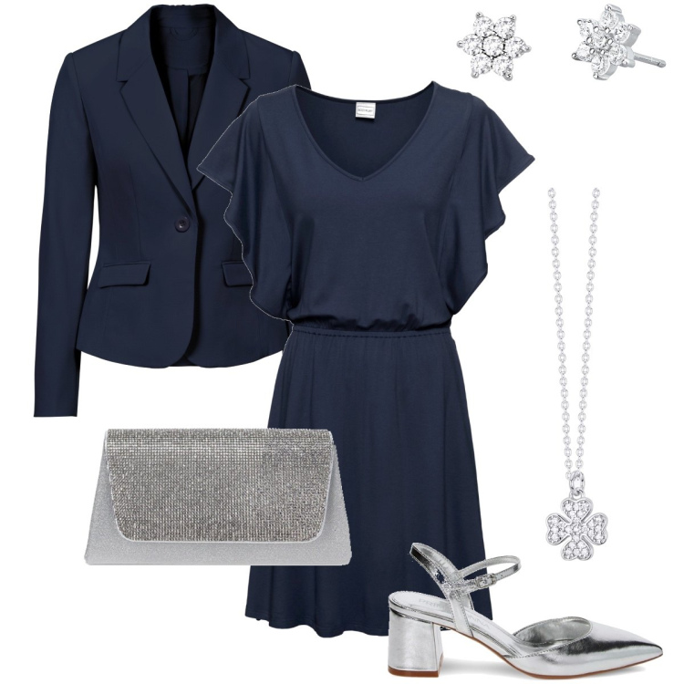 Outfit donna - Blu per la sera. Stile Bon Ton per Serata fuori. Abbinamento con blazer, vestiti, collane, orecchini, décolleté, pochette.