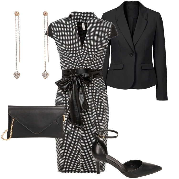 Outfit donna - Serata primaverile. Stile Bon Ton per Serata fuori. Abbinamento con blazer, vestiti, orecchini, décolleté, pochette.