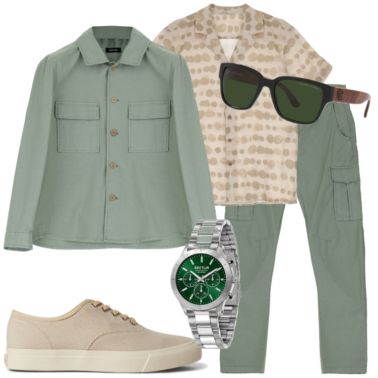 Outfit uomo - Verde militare. Stile Casual per Tutti i giorni. Abbinamento con orologi, pantaloni cargo, camicie, camicie a manica corta, sneakers, occhiali da sole.