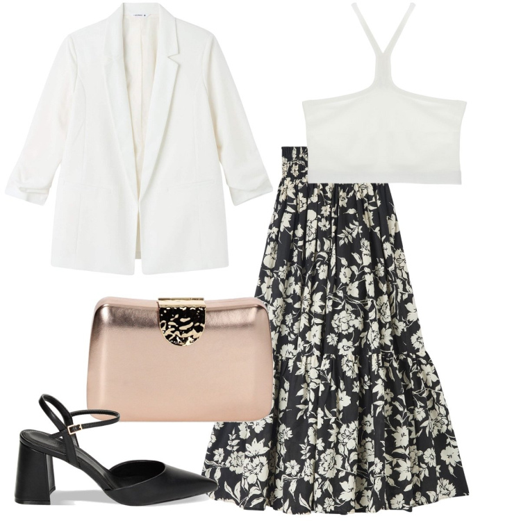 Outfit donna - La gonna a fiori. Stile Bon Ton per Serata fuori. Abbinamento con gonne lunghe, blazer, top, clutch, décolleté.