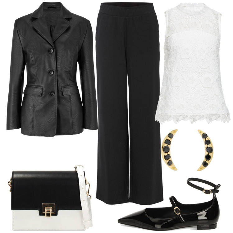 Outfit donna - La giacca per tutto il giorno. Stile Chic per Tutti i giorni. Abbinamento con pantaloni a palazzo, blazer, top, ballerine, borse a tracolla, orecchini.
