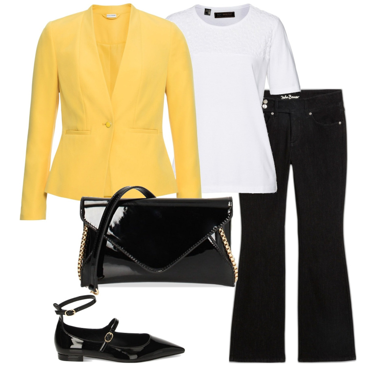 Outfit donna - Curvy. Stile Casual chic per Serata fuori. Abbinamento con blazer, t-shirt, jeans bootcut, ballerine, pochette.