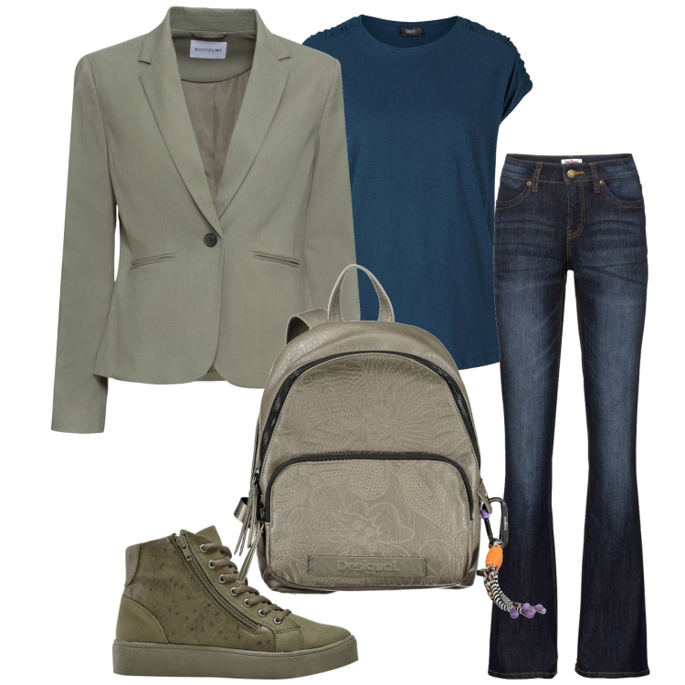 Outfit donna - Curvy. Stile Casual per Tutti i giorni. Abbinamento con t-shirt, jeans bootcut, blazer, sneakers alte, zaini.
