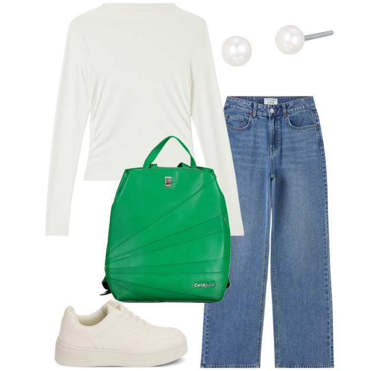 Outfit donna - Primavera. Stile Casual per Scuola/Università. Abbinamento con jeans, t-shirt, orecchini, sneakers, zaini.