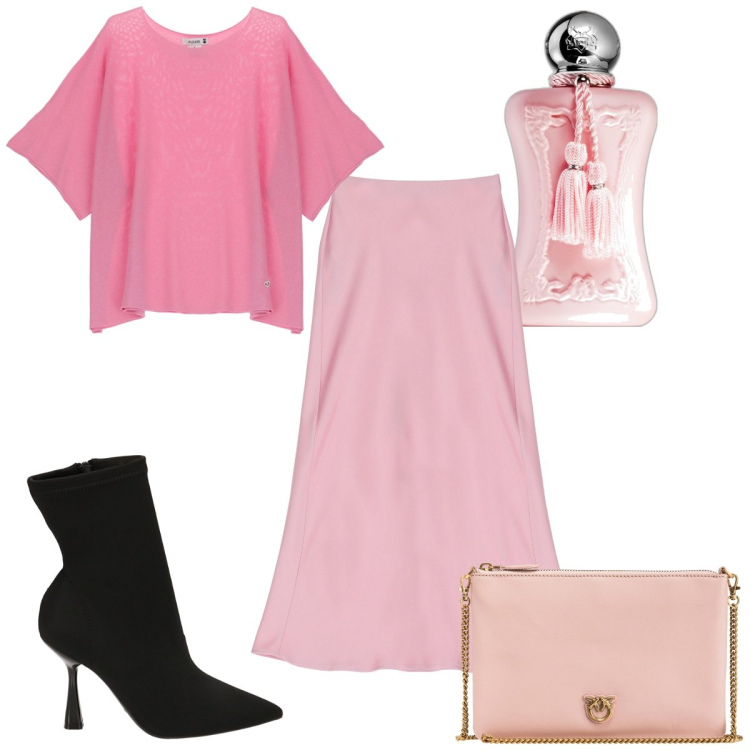 Outfit donna - Minimal in rosa. Stile Minimal per Tutti i giorni. Abbinamento con profumi, borse a tracolla, maglieria, gonne longuette, stivaletti.