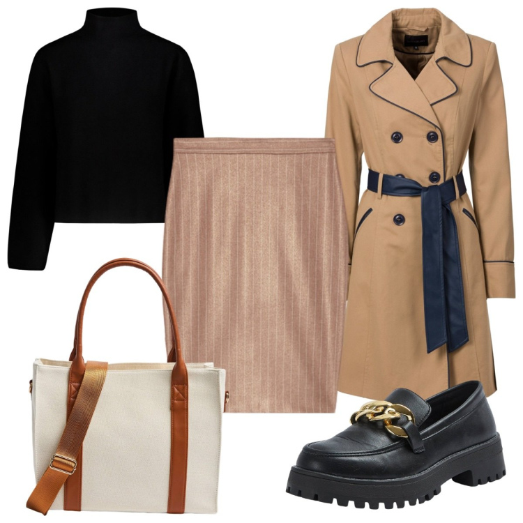 Outfit donna - Un trench in primavera. Stile Trendy per Tutti i giorni. Abbinamento con trench, mocassini, shopping bag, maglieria, gonne.
