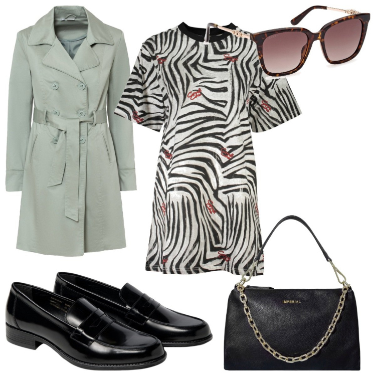 Outfit donna - Trench trendy. Stile Trendy per Tutti i giorni. Abbinamento con trench, pochette, vestiti corti, occhiali da sole, mocassini.