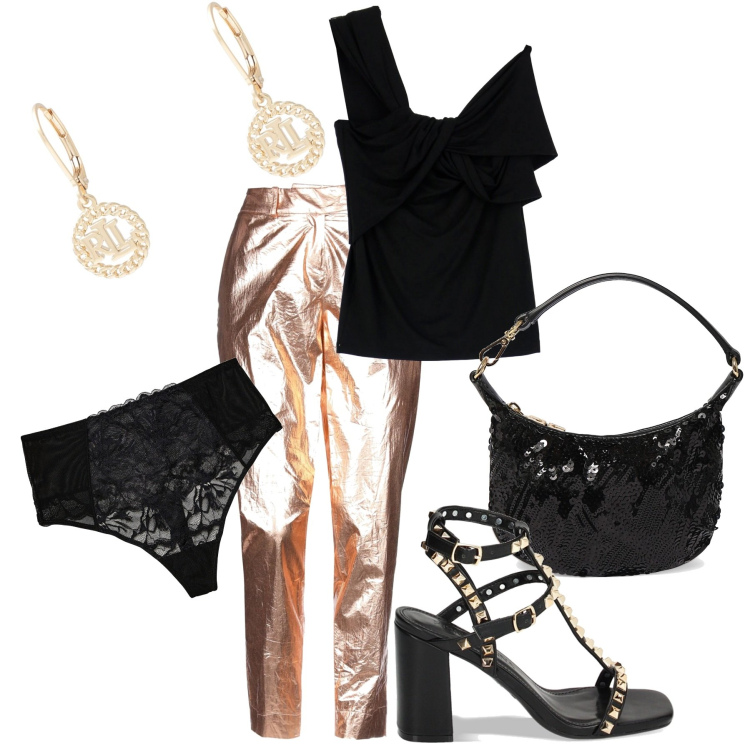 Outfit donna - Oro e nero by night. Stile Sexy per Serata fuori. Abbinamento con perizomi, pantaloni, orecchini, top, sandali col tacco, pochette.