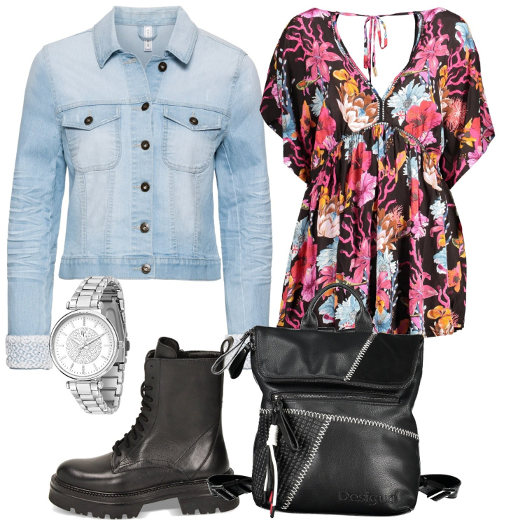 Outfit donna - A spasso col denim. Stile Casual per Tutti i giorni. Abbinamento con blazer, orologi, anfibi, vestiti corti, zaini.