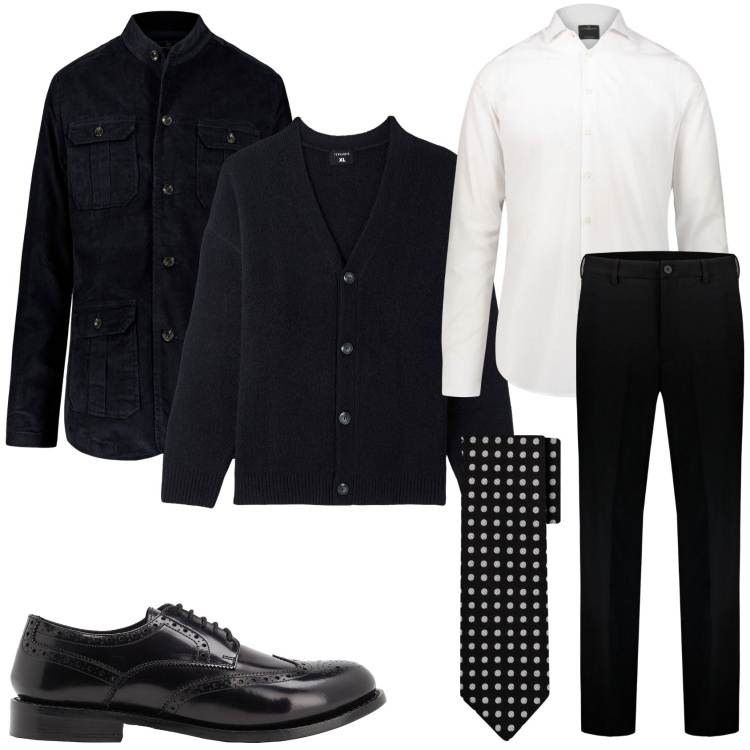 Outfit uomo - Cardigan e cravatta. Stile Business/Elegante per Tutti i giorni. Abbinamento con scarpe stringate, cardigans, camicie, cravatte, pantaloni, giacche.
