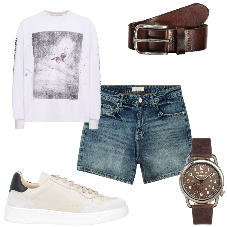 Outfit uomo - Jeans corti con la maglietta. Stile Urban per Tutti i giorni. Abbinamento con orologi, sneakers, shorts, t-shirt, cinture.