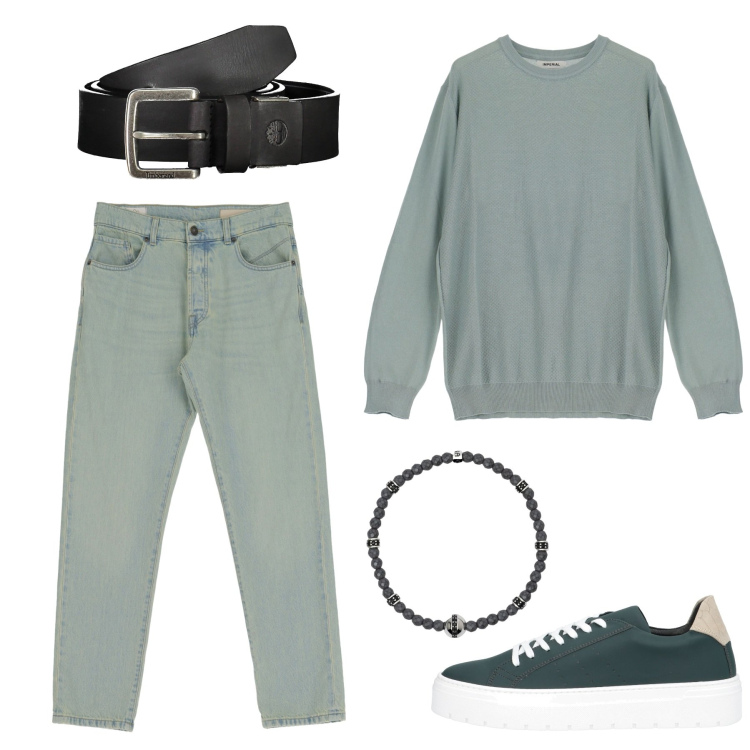 Outfit uomo - Verde oliva. Stile Casual per Tutti i giorni. Abbinamento con braccialetti, jeans slim fit, pullovers, sneakers, cinture.