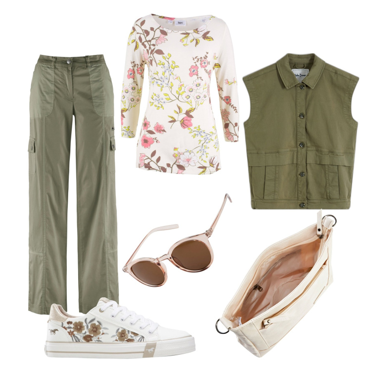 Outfit donna - Al mercato dei fiori con i fiori. Stile Casual per Tutti i giorni. Abbinamento con pantaloni cargo, occhiali da sole, maglieria, gilet, borse a tracolla, sneakers.