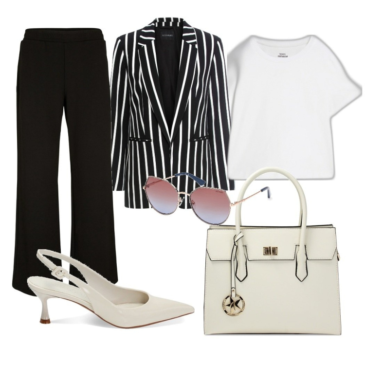 Outfit donna - Giacca a righe. Stile Bon Ton per Tutti i giorni. Abbinamento con blazer, t-shirt, pantaloni a palazzo, borse a mano, décolleté, occhiali da sole.