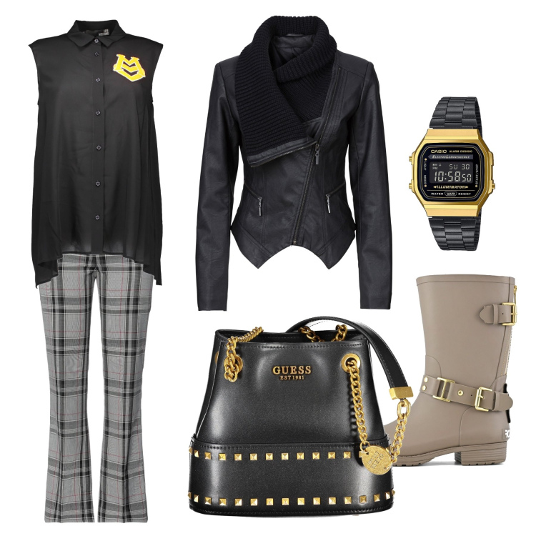 Outfit donna - Urban style. Stile Rock per Serata fuori. Abbinamento con blazer, orologi, pantaloni, stivali, camicie, borse a tracolla.