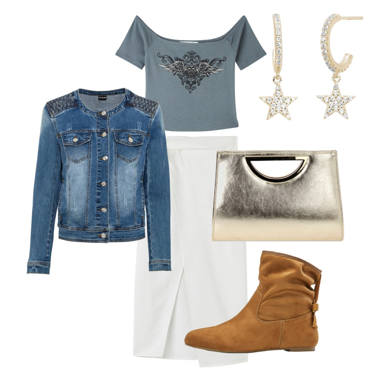 Outfit donna - Serata stars. Stile Urban per Serata fuori. Abbinamento con blazer, stivaletti, t-shirt, gonne lunghe, orecchini, pochette.