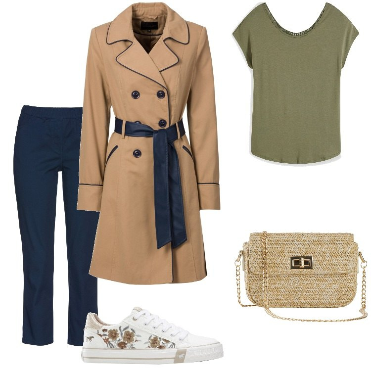 Outfit donna - Total look #1849514. Stile Boho per Tutti i giorni. Abbinamento con trench, pantaloni, borse a mano, sneakers, maglieria.