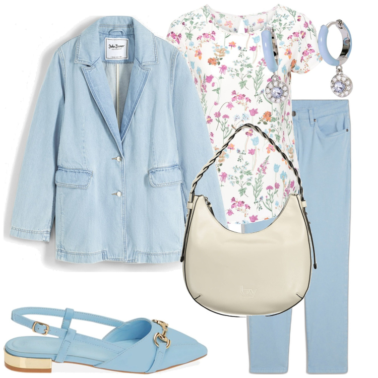Outfit donna - Primavera in azzurro. Stile Casual per Tutti i giorni. Abbinamento con bluse, pantaloni, blazer, orecchini, ballerine, borse a spalla.