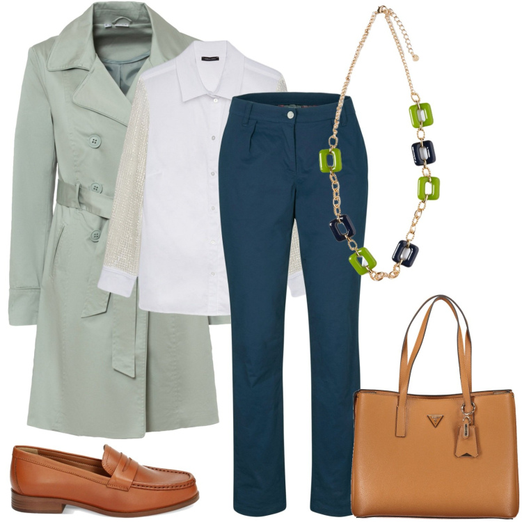 Outfit donna - In ufficio con il trench. Stile Casual chic per Ufficio. Abbinamento con pantaloni, trench, mocassini, camicie, borse a spalla, ciondoli.