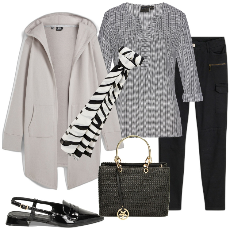 Outfit donna - Giacca primaverile. Stile Casual chic per Ufficio. Abbinamento con blazer, tuniche, pantaloni cargo, foulard, ballerine, borse a mano.
