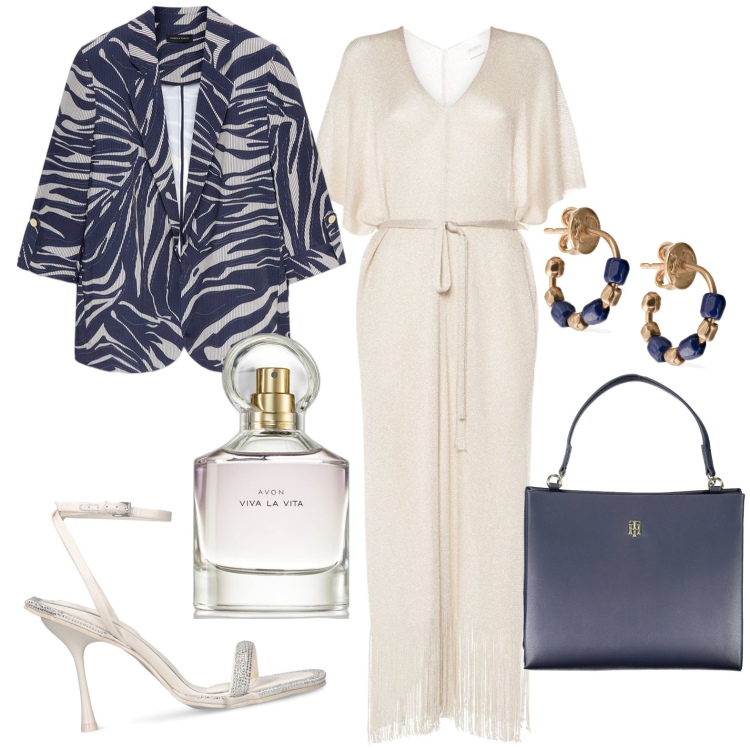 Outfit donna - Curvy. Stile Chic per Cerimonia. Abbinamento con profumi, vestiti midi/longuette, blazer, sandali in pelle, orecchini, collane.