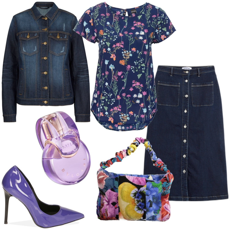 Outfit donna - Denim. Stile Casual per Tutti i giorni. Abbinamento con bluse, cappotti, gonne longuette, profumi, décolleté, borse a spalla.