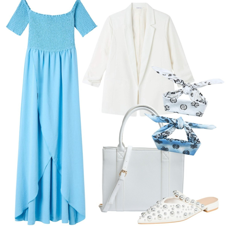 Outfit donna - L\'abito romantico. Stile Casual chic per Mare. Abbinamento con vestiti lunghi, ballerine, blazer, fasce per capelli, shopping bag.