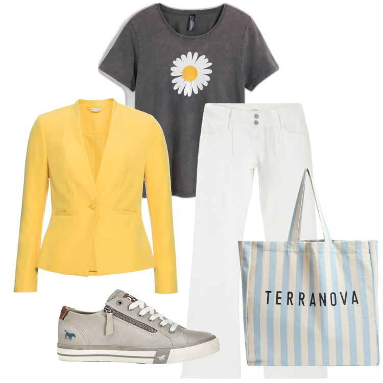 Outfit donna - Daisy woman. Stile Basic per Tutti i giorni. Abbinamento con blazer, t-shirt, sneakers, pantaloni, borse tote.