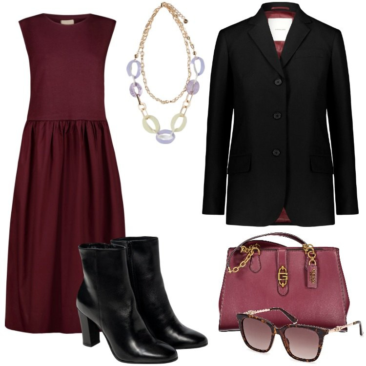 Outfit donna - Total look #1849574. Stile Urban per Ufficio. Abbinamento con blazer, vestiti midi/longuette, borse a spalla, stivaletti, occhiali da sole, ciondoli.