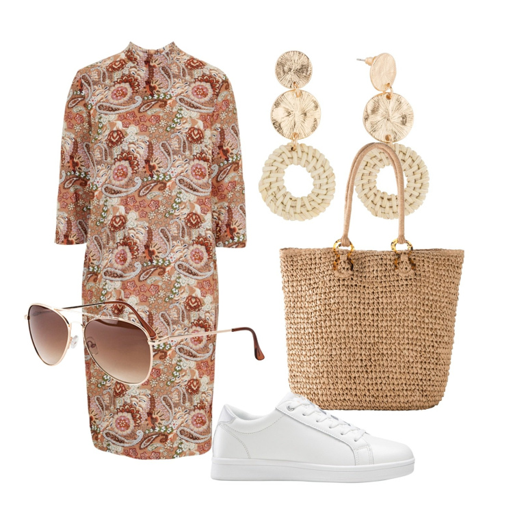 Outfit donna - Ghost outfitter - aprile. Stile Trendy per Tutti i giorni. Abbinamento con occhiali da sole, sneakers, orecchini, vestiti midi/longuette, shopping bag.