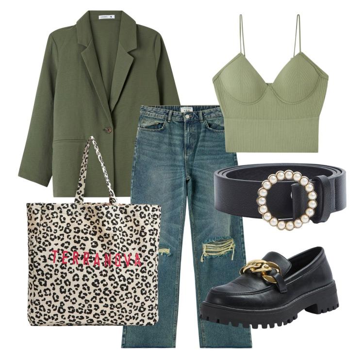 Outfit donna - Ghost outfitter - aprile. Stile Casual chic per Tutti i giorni. Abbinamento con jeans strappati, mocassini, blazer, top, shopping bag, cinture.