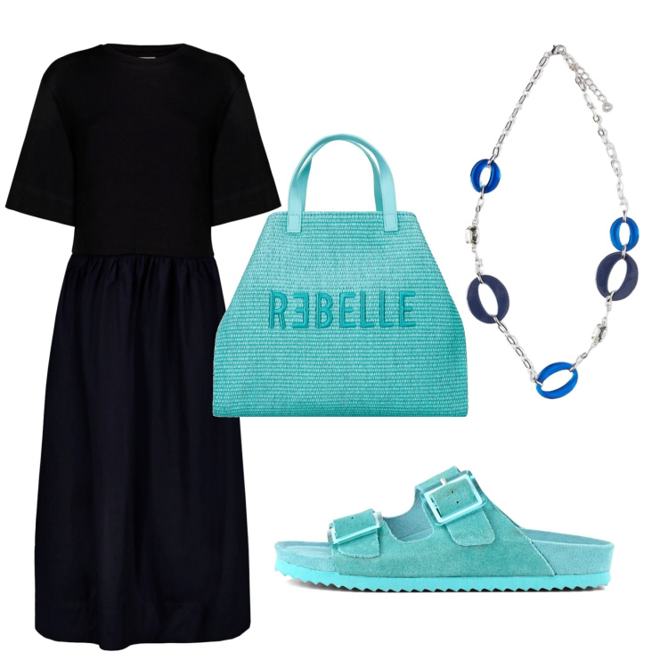 Outfit donna - Easy city style. Stile Casual per Tutti i giorni. Abbinamento con sandali, vestiti midi/longuette, shopping bag, ciondoli.