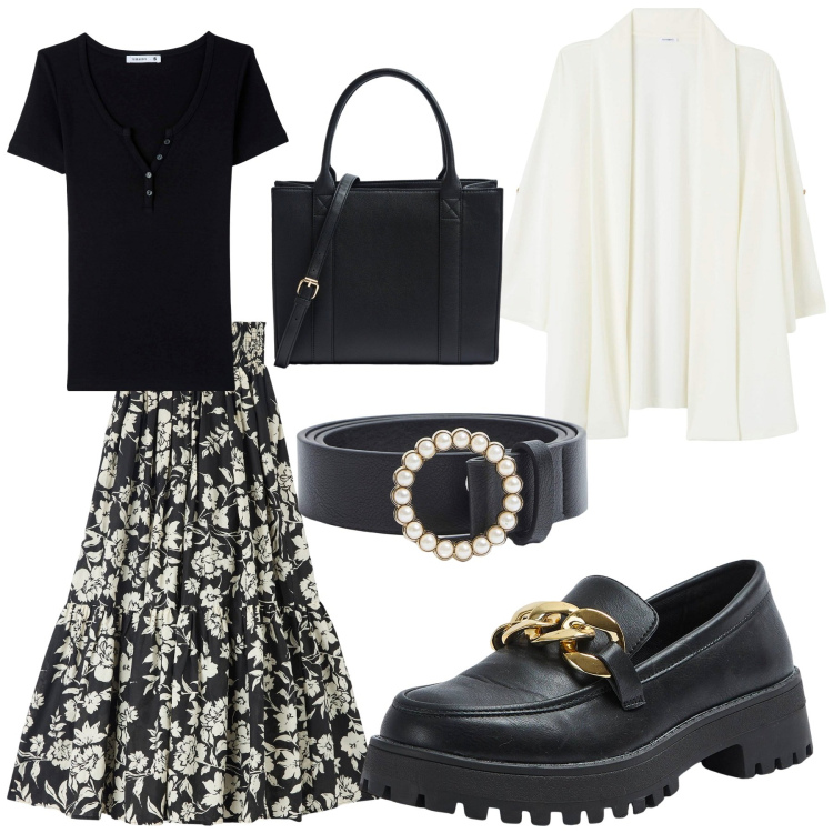 Outfit donna - Bianco e nero retró. Stile Vintage retrò per Tutti i giorni. Abbinamento con gonne lunghe, t-shirt, mocassini, blazer, shopping bag, cinture.