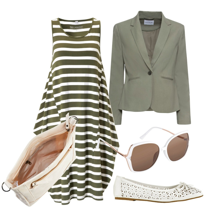 Outfit donna - Affari di mezza stagione. Stile Trendy per Tutti i giorni. Abbinamento con blazer, vestiti midi/longuette, ballerine, borse a tracolla, occhiali da sole.