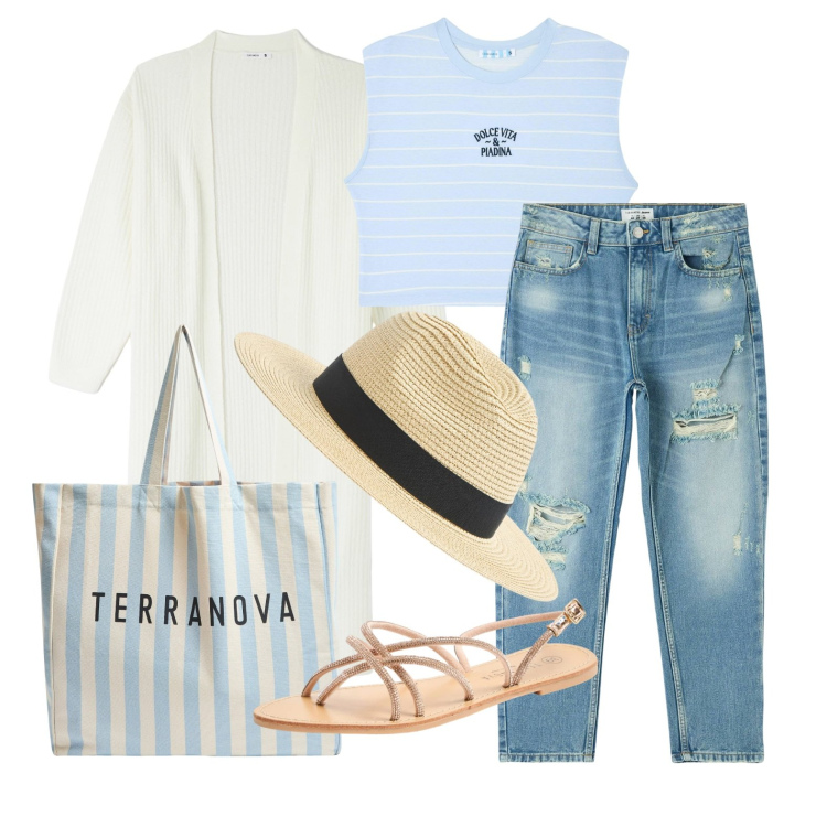 Outfit donna - Vestirsi a strati. Stile Casual per Tutti i giorni. Abbinamento con jeans mom, t-shirt, cappelli, cardigans, sandali, borse tote.