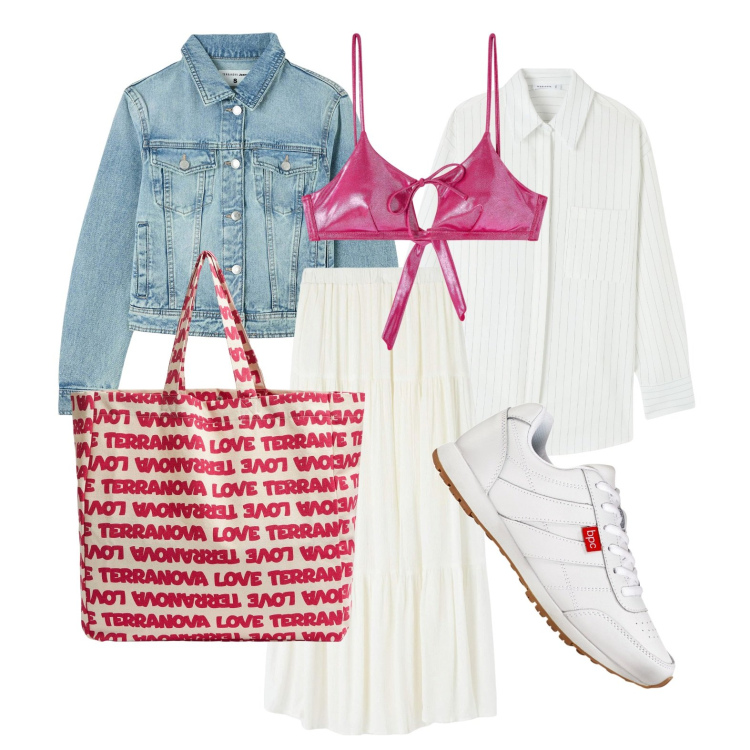 Outfit donna - La camicia aperta sopra al top. Stile Trendy per Mare. Abbinamento con sneakers, gonne lunghe, camicie, top, blazer, borse tote.