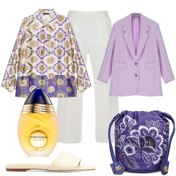 Outfit donna - Total look #1849651. Stile Trendy per Serata fuori. Abbinamento con profumi, blazer, camicie, pantaloni, sandali in pelle, borse a mano.