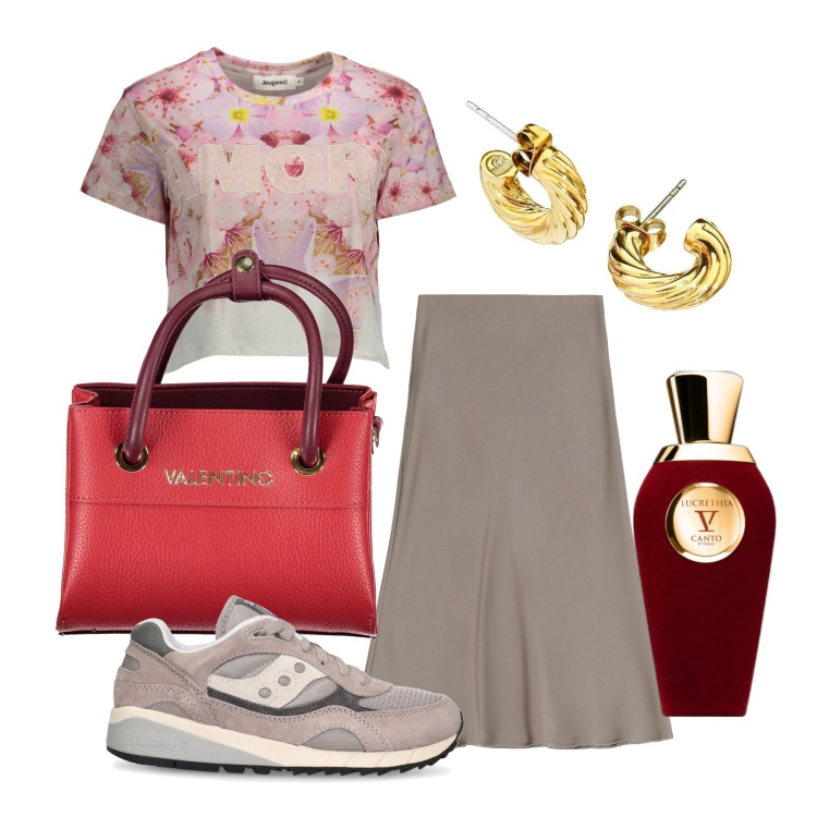 Outfit donna - Una volata in centro. Stile Trendy per Tutti i giorni. Abbinamento con orecchini, profumi, gonne longuette, sneakers, borse a spalla, t-shirt.