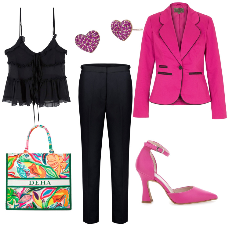Outfit donna - Pittarello rosa primavera. Stile Chic per Serata fuori. Abbinamento con blazer, top, orecchini, pantaloni, décolleté, shopping bag.