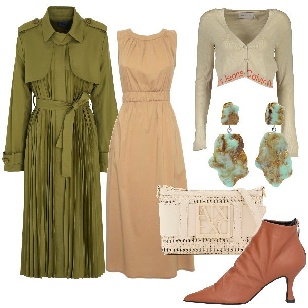 Outfit donna - Total look #1849659. Stile Trendy per Serata fuori. Abbinamento con stivaletti, orecchini, trench, cardigans, vestiti lunghi, borse a tracolla.