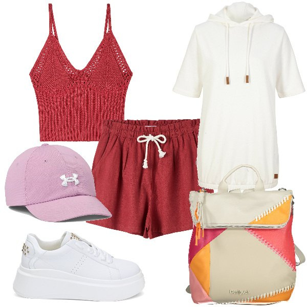 Outfit donna - Total look #1849667. Stile Casual per Tutti i giorni. Abbinamento con felpe con cappuccio, shorts, top, sneakers, zaini, cappelli.
