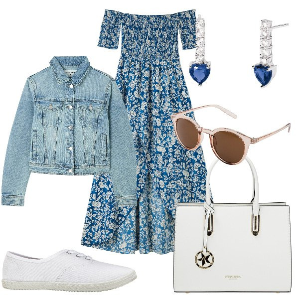 Outfit donna - Total look #1849670. Stile Romantica per Tutti i giorni. Abbinamento con sneakers, occhiali da sole, vestiti lunghi, blazer, orecchini, borse a mano.