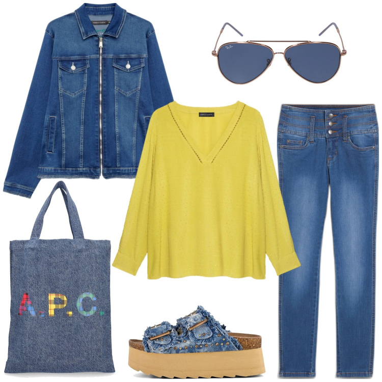 Outfit donna - Scuola. Stile Casual per Scuola/Università. Abbinamento con jeans, zeppe, bluse, blazer, occhiali da sole, shopping bag.