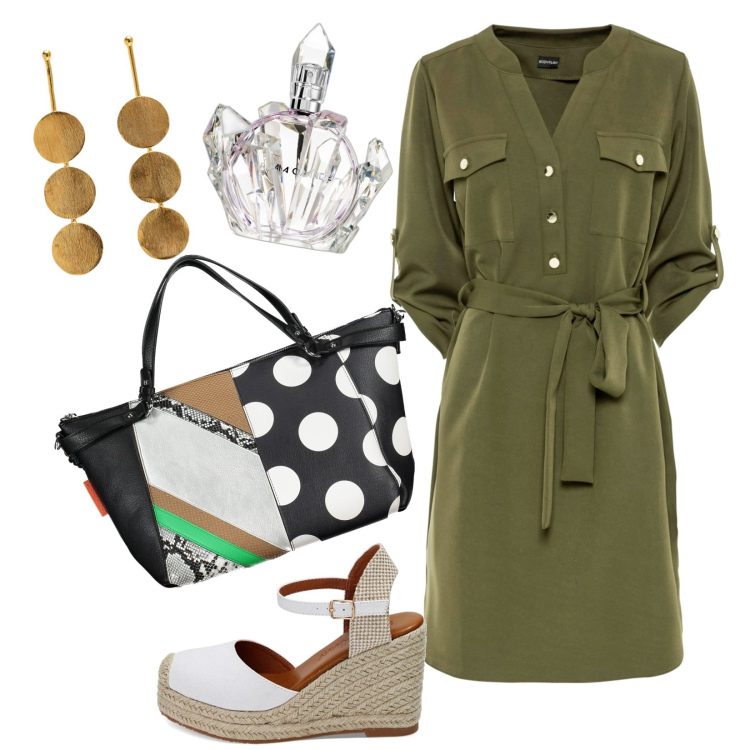 Outfit donna - Primavera. Stile Casual per Tutti i giorni. Abbinamento con vestiti chemisier, profumi, zeppe, borse a spalla, orecchini.