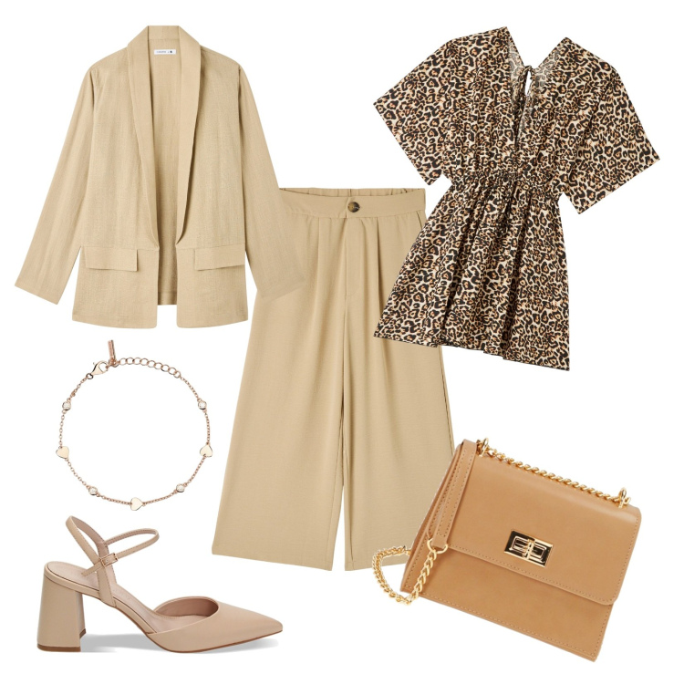 Outfit donna - Beige elegante. Stile Casual chic per Ufficio. Abbinamento con pantaloni a palazzo, caftani, blazer, braccialetti, décolleté, borse a tracolla.