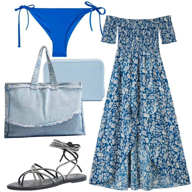 Outfit donna - A spalle scoperte. Stile Casual per Tutti i giorni. Abbinamento con vestiti lunghi, sandali alla schiava, shopping bag, portafogli, culotte.